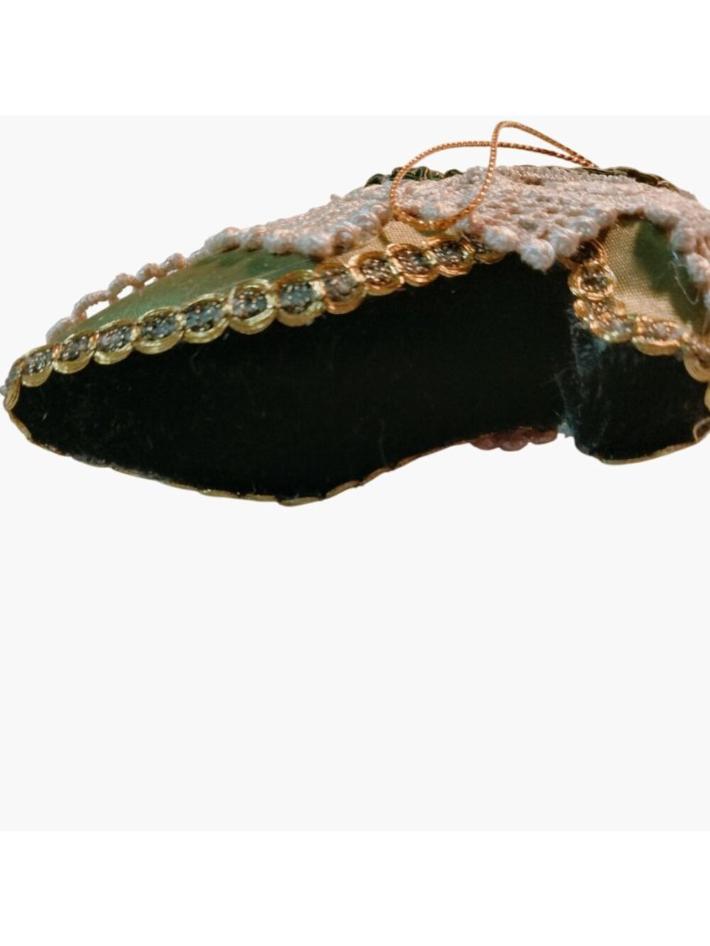 Victorian Style Shoe Ornament Lace Feather Pearl Jeweled Green Gold - Picture 9 of 11